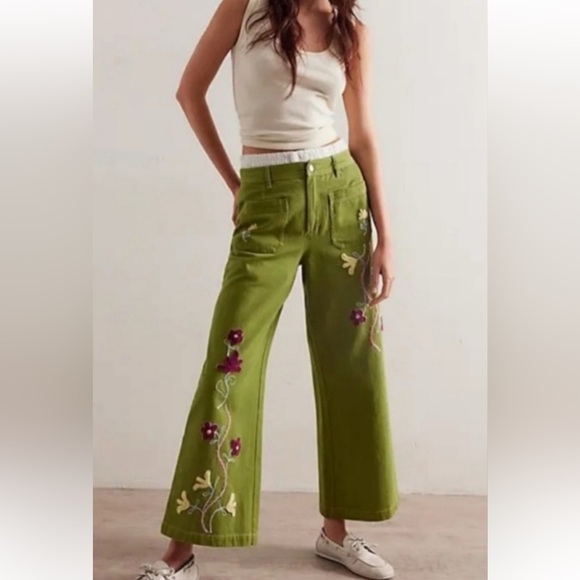 Free People /We The Free Winter Bloom Embroidered Wide Leg...